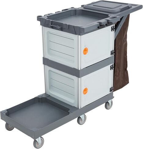 Janitorial Cart with 2 Cabinet, Commercial Cleaning Cart On Wheels with Cover, Shelves, and Oxford Bag, Housekeeping Cleaning Caddy Service Carts for School Hotel Apartment in Saudi Arabia
