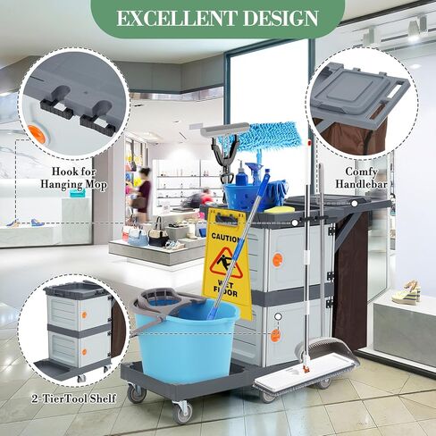 Janitorial Cart with 2 Cabinet, Commercial Cleaning Cart On Wheels with Cover, Shelves, and Oxford Bag, Housekeeping Cleaning Caddy Service Carts for School Hotel Apartment in Saudi Arabia