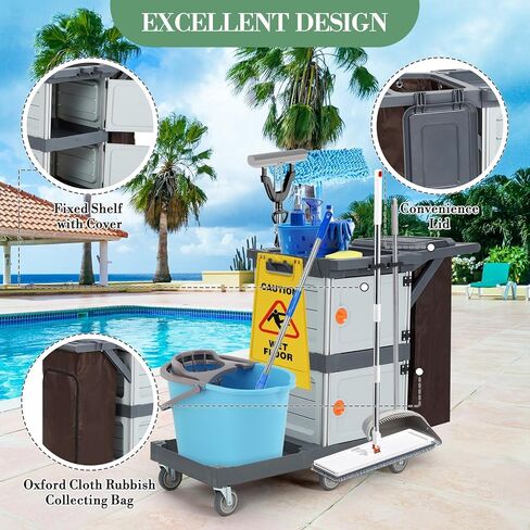 Janitorial Cart with 2 Cabinet, Commercial Cleaning Cart On Wheels with Cover, Shelves, and Oxford Bag, Housekeeping Cleaning Caddy Service Carts for School Hotel Apartment in Saudi Arabia
