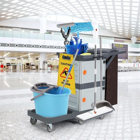 Janitorial Cart with 2 Cabinet, Commercial Cleaning Cart On Wheels with Cover, Shelves, and Oxford Bag, Housekeeping Cleaning Caddy Service Carts for School Hotel Apartment in Saudi Arabia