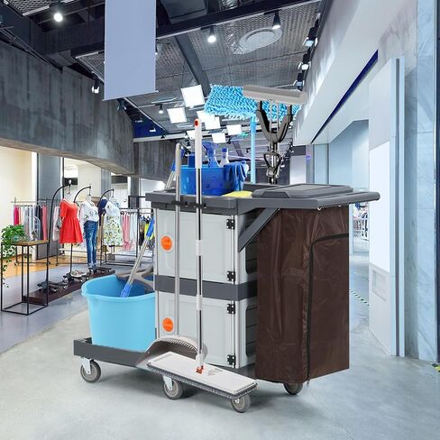 Janitorial Cart with 2 Cabinet, Commercial Cleaning Cart On Wheels with Cover, Shelves, and Oxford Bag, Housekeeping Cleaning Caddy Service Carts for School Hotel Apartment in Saudi Arabia