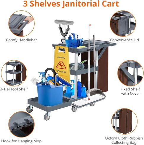 Professional 3-Shelf Janitorial Cleaning Cart on Wheels with Trash Bag & Cover, Heavy Duty Rolling Utility Cart for Hotels, Schools, Offices, Hospitals - Durable PP Material, 300 lbs Capacity in Kuwait