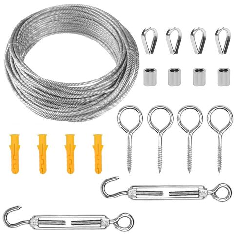 طقم حبل سلكي 1/8 بوصة - كابل من الفولاذ المقاوم للصدأ 304 مع شدادات، خيوط مطلية بالفينيل 7x7 للاستخدام في الهواء الطلق (الخيام، السياج، المظلة، استخدام الحديقة/الديكور) - مقاوم للطقس وسهل التركيب (50 قدمًا، 1200 رطل) in Kuwait