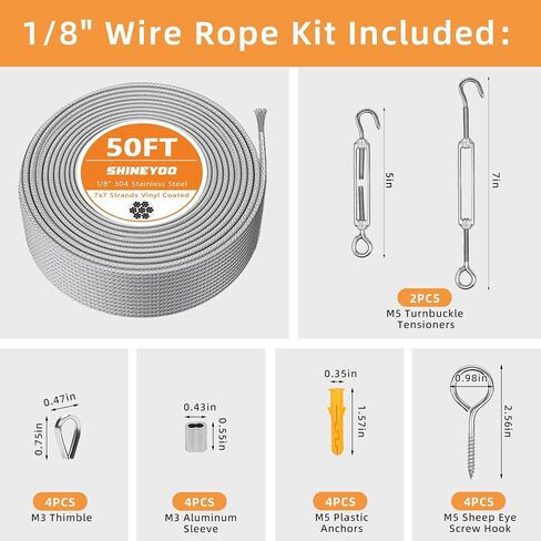 طقم حبل سلكي 1/8 بوصة - كابل من الفولاذ المقاوم للصدأ 304 مع شدادات، خيوط مطلية بالفينيل 7x7 للاستخدام في الهواء الطلق (الخيام، السياج، المظلة، استخدام الحديقة/الديكور) - مقاوم للطقس وسهل التركيب (50 قدمًا، 1200 رطل) in Kuwait