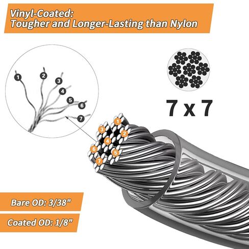 طقم حبل سلكي 1/8 بوصة - كابل من الفولاذ المقاوم للصدأ 304 مع شدادات، خيوط مطلية بالفينيل 7x7 للاستخدام في الهواء الطلق (الخيام، السياج، المظلة، استخدام الحديقة/الديكور) - مقاوم للطقس وسهل التركيب (50 قدمًا، 1200 رطل) in Kuwait