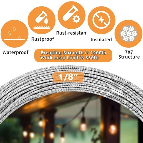 طقم حبل سلكي 1/8 بوصة - كابل من الفولاذ المقاوم للصدأ 304 مع شدادات، خيوط مطلية بالفينيل 7x7 للاستخدام في الهواء الطلق (الخيام، السياج، المظلة، استخدام الحديقة/الديكور) - مقاوم للطقس وسهل التركيب (50 قدمًا، 1200 رطل) in Kuwait