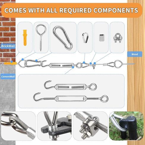 طقم حبل سلكي 1/8 بوصة - كابل من الفولاذ المقاوم للصدأ 304 مع شدادات، خيوط مطلية بالفينيل 7x7 للاستخدام في الهواء الطلق (الخيام، السياج، المظلة، استخدام الحديقة/الديكور) - مقاوم للطقس وسهل التركيب (50 قدمًا، 1200 رطل) in Kuwait