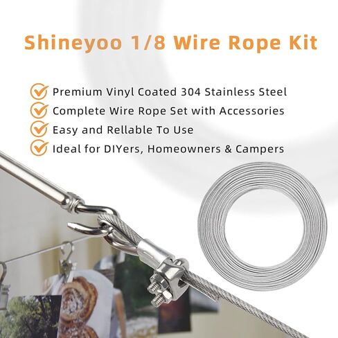 طقم حبل سلكي 1/8 بوصة - كابل من الفولاذ المقاوم للصدأ 304 مع شدادات، خيوط مطلية بالفينيل 7x7 للاستخدام في الهواء الطلق (الخيام، السياج، المظلة، استخدام الحديقة/الديكور) - مقاوم للطقس وسهل التركيب (50 قدمًا، 1200 رطل) in Kuwait