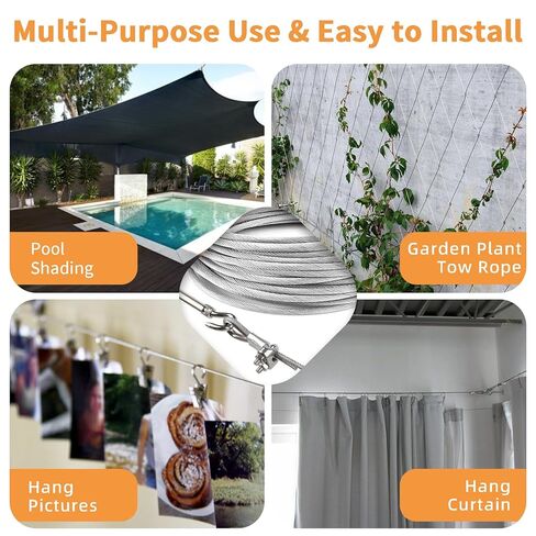 طقم حبل سلكي 1/8 بوصة - كابل من الفولاذ المقاوم للصدأ 304 مع شدادات، خيوط مطلية بالفينيل 7x7 للاستخدام في الهواء الطلق (الخيام، السياج، المظلة، استخدام الحديقة/الديكور) - مقاوم للطقس وسهل التركيب (50 قدمًا، 1200 رطل) in Kuwait