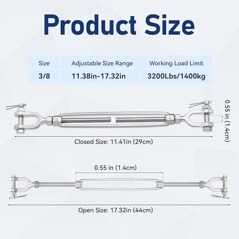 2 Pcs Turnbuckles, Closed Body Jaw and Jaw Turnbuckles Stainless Steel Turnbuckle 3/8 M10 304 Heavy Duty Turnbuckle, 3200lbs Working Load Limit-Turnbuckles for Cables Wire Tensioning, Shade Sail in Kuwait