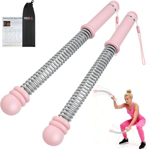 Red O Adjustable Weighted Ropeless Battle Ropes for Home Gym - Portable Cordless Steel Spring Rope with Workout Poster, HIIT & Arm Training Equipment for Men and Women in Saudi Arabia