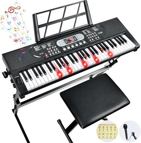61-Key Lighted Keyboard Piano for Beginners, Electric Keyboard with Pitch Bend & Built-In Speakers, Teaching Mode, Portable Piano Set with Stand, Bench & Microphone in Saudi Arabia