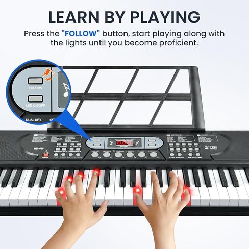 61-Key Lighted Keyboard Piano for Beginners, Electric Keyboard with Pitch Bend & Built-In Speakers, Teaching Mode, Portable Piano Set with Stand, Bench & Microphone in Saudi Arabia