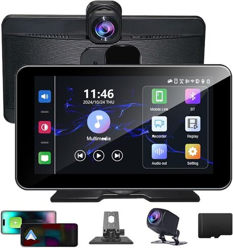 شاشة Carplay اللاسلكية للسيارة ، 7 '' 'Car Play مع كاميرا احتياطية ، 4K Dash Cam ، لـ Apple Carplay و Android Auto ، GPS Mavigation ، استقبال صوت السيارات Bluetooth/Mirror Link/FM/Siri in Saudi Arabia