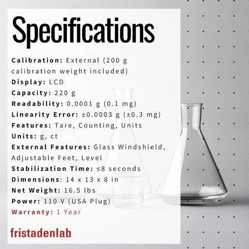 Fristaden Lab Analytical Balance – 220 g × 0.0001 g (0.1 mg) | External Calibration, Glass Draft Shield, RS-232 Data Output | Pre-Calibrated Lab Scale, U.S. Warranty in Saudi Arabia