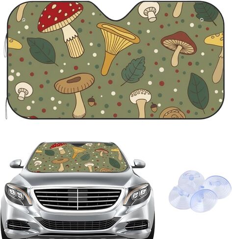 Orange Mushrooms Sun Shade with 4 Suction Cups, Reflect Uv and Heat Sun Visor Folding Windshield Shade, Cute Sunshade for Car Windshield Goth Car Accessories Accordion Folding in Saudi Arabia