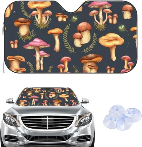 Orange Mushrooms Sun Shade with 4 Suction Cups, Reflect Uv and Heat Sun Visor Folding Windshield Shade, Cute Sunshade for Car Windshield Goth Car Accessories Accordion Folding in Saudi Arabia