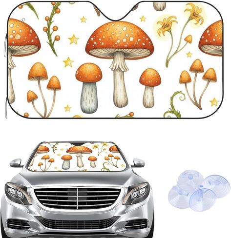 Orange Mushrooms Sun Shade with 4 Suction Cups, Reflect Uv and Heat Sun Visor Folding Windshield Shade, Cute Sunshade for Car Windshield Goth Car Accessories Accordion Folding in Saudi Arabia