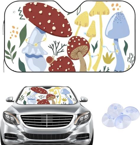 Orange Mushrooms Sun Shade with 4 Suction Cups, Reflect Uv and Heat Sun Visor Folding Windshield Shade, Cute Sunshade for Car Windshield Goth Car Accessories Accordion Folding in Saudi Arabia