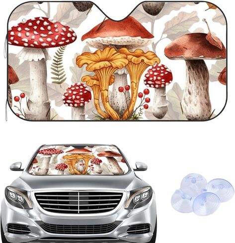Orange Mushrooms Sun Shade with 4 Suction Cups, Reflect Uv and Heat Sun Visor Folding Windshield Shade, Cute Sunshade for Car Windshield Goth Car Accessories Accordion Folding in Saudi Arabia