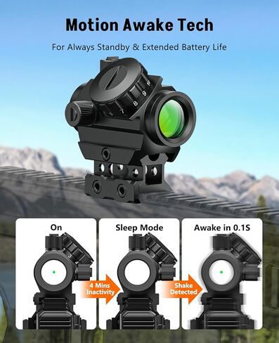 MidTen Motion Awake Green Dot Sight, 2 MOA Green Dot Optics 1x20mm Compact Scope, IPX7 Waterproof & Fogproof, Lower 1/3 Co-Witness Riser Included for 21mm Picatinny Rail in Kuwait
