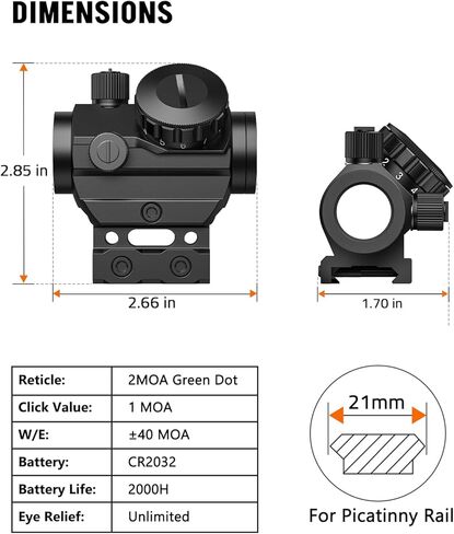 MidTen Motion Awake Green Dot Sight, 2 MOA Green Dot Optics 1x20mm Compact Scope, IPX7 Waterproof & Fogproof, Lower 1/3 Co-Witness Riser Included for 21mm Picatinny Rail in Kuwait