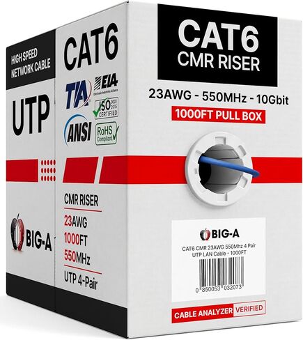 Big-A - Bulk Cat6 Cable 1000ft 23AWG Solid 4 Pair, Cat 6 Ethernet Cable Unshielded Twisted Pair (UTP), (CMR) 550MHz Internet Cable, Pull Box - Green in Kuwait