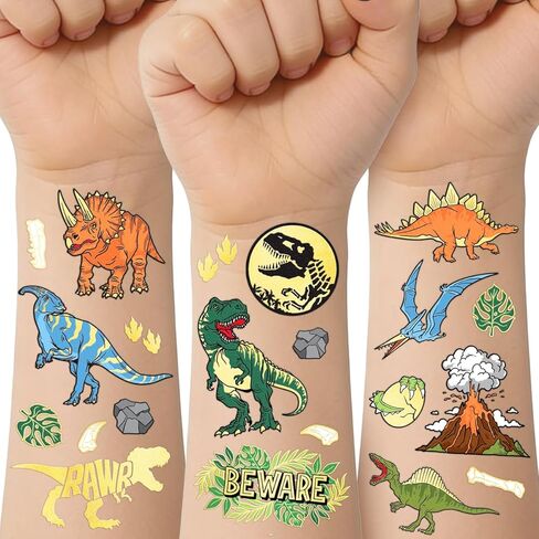 XO ، Fetti Dinosaur Tattoos - Gold Foil ، 44 PCS | لوازم حفلات عيد ميلاد الأطفال الجوراسي ، وصالح حفلة دينو ، و T-Rex Fossil Decorations in Saudi Arabia