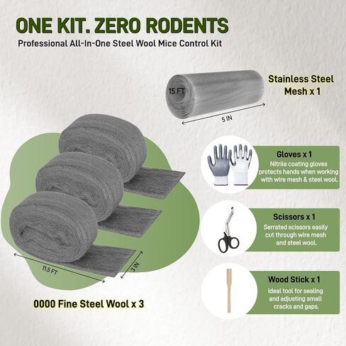 التحكم في الفئران من الصوف الفولاذي، 3 عبوات من الصوف الفولاذي 0000 و1 حزمة من شبكة الفولاذ المقاوم للصدأ مع قفازات ومقص وعصا خشبية، طقم حشو فجوة الماوس للمنزل والمرآب in Kuwait