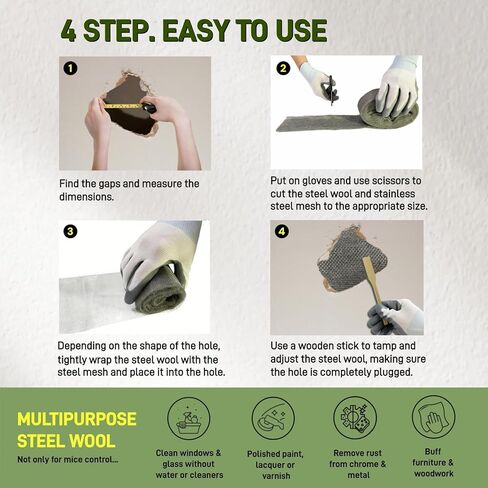 التحكم في الفئران من الصوف الفولاذي، 3 عبوات من الصوف الفولاذي 0000 و1 حزمة من شبكة الفولاذ المقاوم للصدأ مع قفازات ومقص وعصا خشبية، طقم حشو فجوة الماوس للمنزل والمرآب in Kuwait