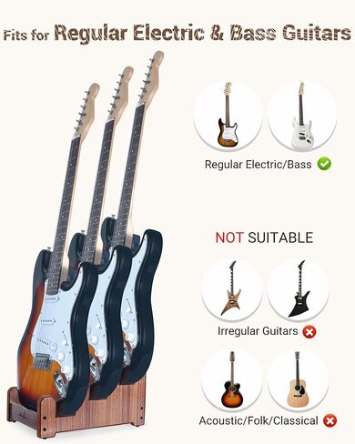 Multi Guitar Stand, 3-Tier Black Walnut Wood Electric Guitar Stand for 3 Electric or Bass, Multiple Instrument Rack for Men, Wooden Floor Electric Bass Rack for Home Decor and Studio Display in Saudi Arabia