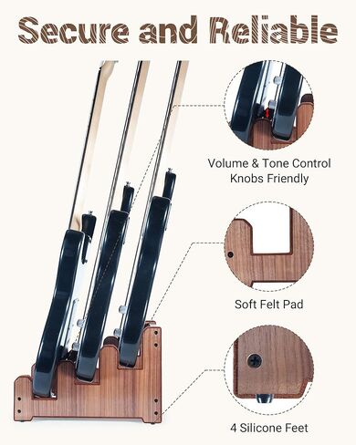 Multi Guitar Stand, 3-Tier Black Walnut Wood Electric Guitar Stand for 3 Electric or Bass, Multiple Instrument Rack for Men, Wooden Floor Electric Bass Rack for Home Decor and Studio Display in Saudi Arabia