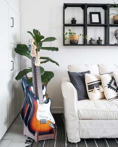 Multi Guitar Stand, 3-Tier Black Walnut Wood Electric Guitar Stand for 3 Electric or Bass, Multiple Instrument Rack for Men, Wooden Floor Electric Bass Rack for Home Decor and Studio Display in Saudi Arabia