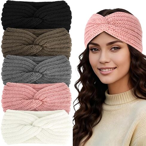 YARIEW 5 قطع عصابات رأس متماسكة عصابات رأس شتوية لتدفئة الأذن عصابات رأس سميكة للنساء عصابة رأس محبوكة للنساء أغطية رأس كروشيه للنساء الفتيات (أسود أبيض رمادي وردي بني) in Kuwait