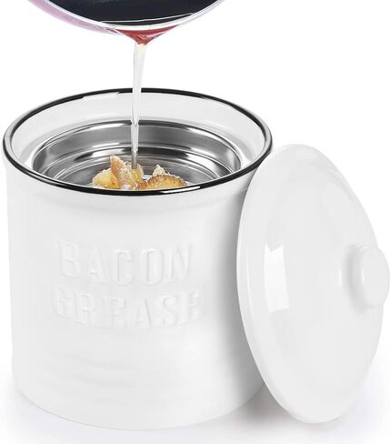 ONTUBE Ceramic Bacon Grease Container Keeper with Strainer,1L Frying Oil Storage Can for Kitchen, White in Kuwait