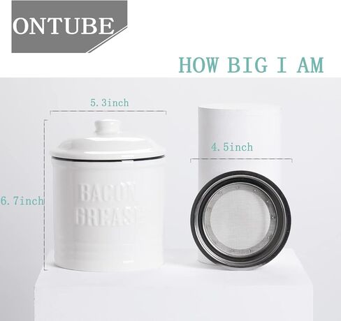ONTUBE Ceramic Bacon Grease Container Keeper with Strainer,1L Frying Oil Storage Can for Kitchen, White in Kuwait