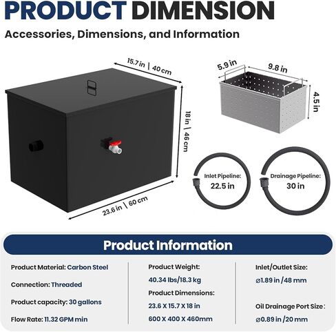 Grease Trap, 20.32 GPM Grease Interceptor, 50 LBS Carbon Steel Under Sink Interceptor, Commercial Interceptor for Home Kitchen, Canteen, Restaurant, Coffee Shop, Free Returns! (30LBS/11.32GPM) in Saudi Arabia