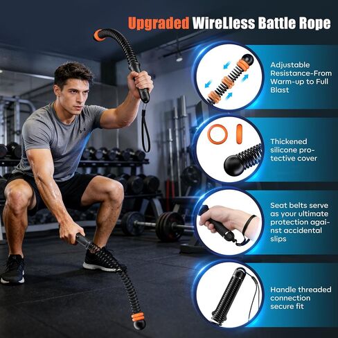Cordless Battle Ropes with Adjustable Resistance Springs – Weighted Ropeless Battle Rope for Home Gym, Portable Workout Equipment for Strength Training & Cardio Fitness Black & Orange in Kuwait
