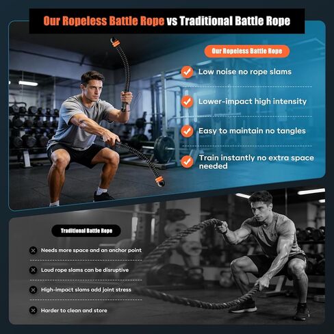 Cordless Battle Ropes with Adjustable Resistance Springs – Weighted Ropeless Battle Rope for Home Gym, Portable Workout Equipment for Strength Training & Cardio Fitness Black & Orange in Kuwait