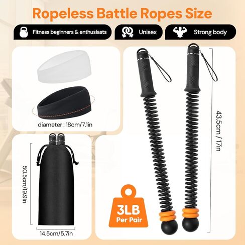 حبال معركة بدون حبال 3 في 1 بأوزان قابلة للتعديل، حبال معركة لاسلكية لصالة الألعاب الرياضية المنزلية مع عصابات رأس، معدات تمرين للقوة، HIIT وتمارين القلب منخفضة التأثير للرجال والنساء in Kuwait