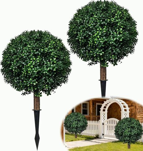 Topiary Tree Artificial Plants Set of 2,Large Faux Greenery Tree for Outdoor Planter,Fake Boxwood Ball Tree with Spike UV Resistant 24"(Green) in Saudi Arabia