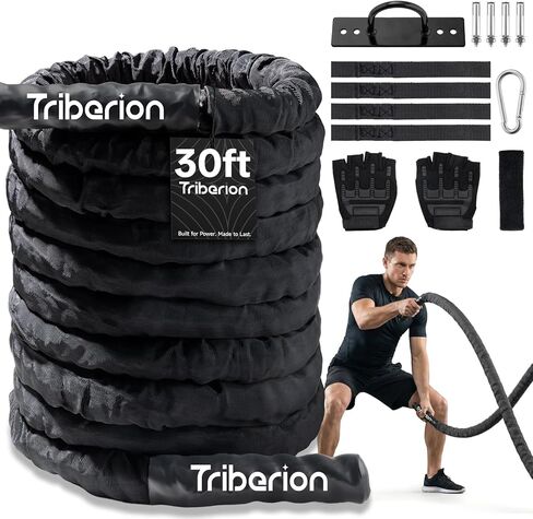 Battle Rope for Home Gym Workout - 1.5 Inch 30ft Heavy Weighted Training Exercise Ropes Fitness Equipment with Sleeve and Anchor Strap Kit for Outdoor Working Out in Saudi Arabia