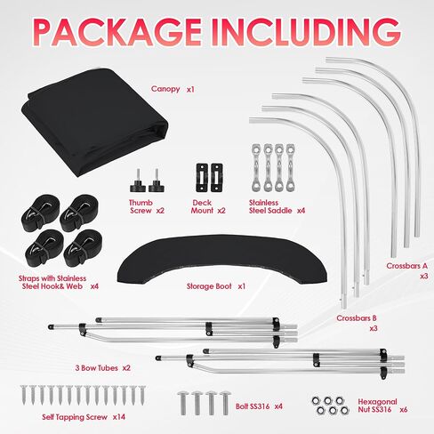 Bimini Tops for Boats, 900D Polyester Bimini Topy, 2 Rear Support Poles and Storage Boot, 4 Adjustable Nylon Straps in Saudi Arabia