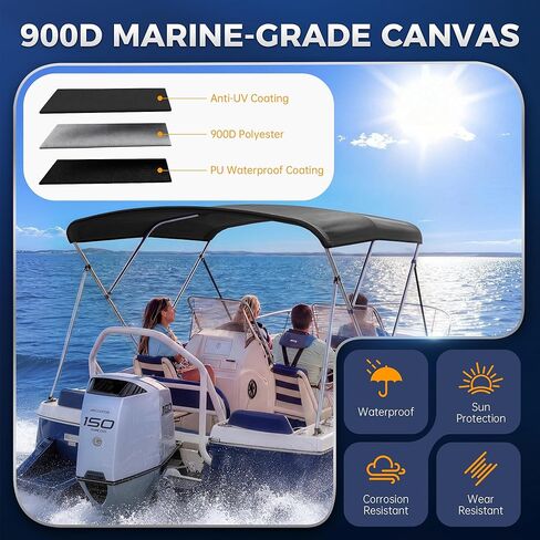 Bimini Tops for Boats - 900D Marine Grade Canvas with 1" Aluminum Alloy Frame, Boat Bimini Top with Storage Boot and 4 Nylon Straps for Jon Boats, Pontoon Boats (Black, 3 Bow 6'L x 46" H x 67"-72" W) in Kuwait