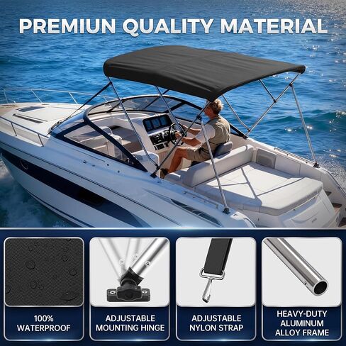 Bimini Tops for Boats - 900D Marine Grade Canvas with 1" Aluminum Alloy Frame, Boat Bimini Top with Storage Boot and 4 Nylon Straps for Jon Boats, Pontoon Boats (Black, 3 Bow 6'L x 46" H x 67"-72" W) in Kuwait