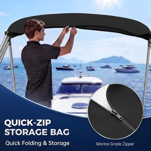 Bimini Tops for Boats - 900D Marine Grade Canvas with 1" Aluminum Alloy Frame, Boat Bimini Top with Storage Boot and 4 Nylon Straps for Jon Boats, Pontoon Boats (Black, 3 Bow 6'L x 46" H x 67"-72" W) in Kuwait