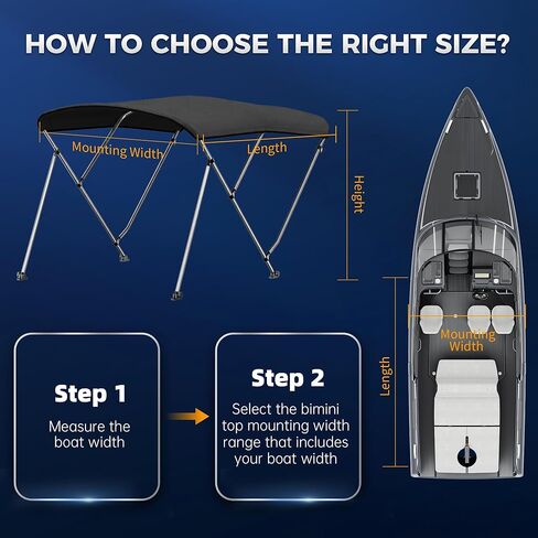 Bimini Tops for Boats - 900D Marine Grade Canvas with 1" Aluminum Alloy Frame, Boat Bimini Top with Storage Boot and 4 Nylon Straps for Jon Boats, Pontoon Boats (Black, 3 Bow 6'L x 46" H x 67"-72" W) in Kuwait