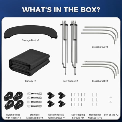 Bimini Tops for Boats - 900D Marine Grade Canvas with 1" Aluminum Alloy Frame, Boat Bimini Top with Storage Boot and 4 Nylon Straps for Jon Boats, Pontoon Boats (Black, 3 Bow 6'L x 46" H x 67"-72" W) in Kuwait