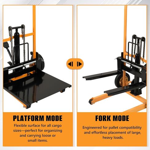 مكدس المواد اليدوي بسعة 450 رطلًا، رفع دواسة القدم الهيدروليكية، نطاق رفع الشوك القابل للتعديل، منصة قابلة للإزالة، مكدس يدوي من الفولاذ الكربوني شديد التحمل مع عجلات من البولي يوريثان لتحميل متجر المستودعات in Kuwait