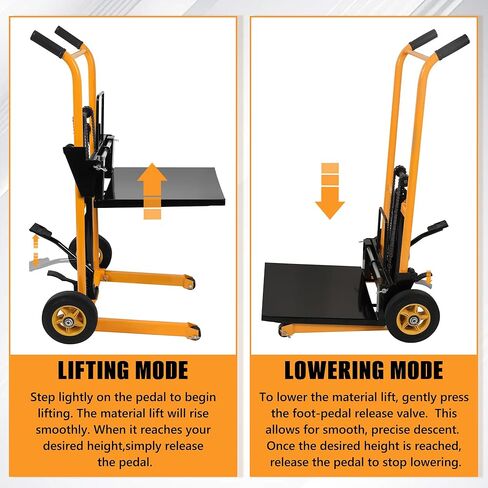 مكدس المواد اليدوي بسعة 450 رطلًا، رفع دواسة القدم الهيدروليكية، نطاق رفع الشوك القابل للتعديل، منصة قابلة للإزالة، مكدس يدوي من الفولاذ الكربوني شديد التحمل مع عجلات من البولي يوريثان لتحميل متجر المستودعات in Kuwait